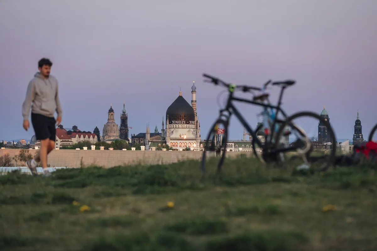 View from Ostragehege towards Yenidze and the old town skyline
